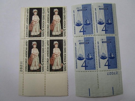 US Postage Stamps, Two Blocks of Four, John Copley American Artist 5cent Scott #1273, and Workmen's