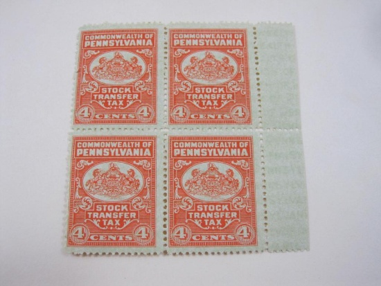 Commonwealth of Pennsylvania Block of Four Stock Transfer Tax Stamps, 4 cents, Mint