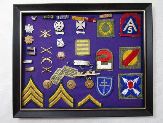 Framed Display, Dog tags, Medals including Marksmanship and more