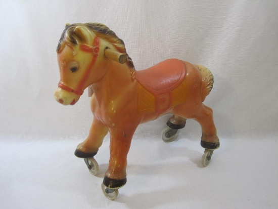 Vintage Blazon Inc 1965 Blow Molded Plastic Rocking Horse on Wheels, marked 20, 2 lbs 10 oz