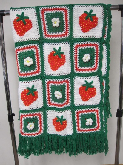 Strawberries and Flowers Crochet Blanket, approx 48" x 55" woven size, fringed ends, 3 lbs 5 oz