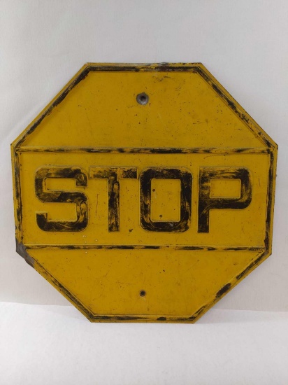 Pre 1971, Heavy Pressed Steel Yellow and Black Stop Sign, 24 inch Octagonal