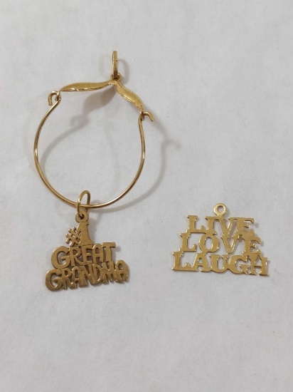 14K Gold Pendant Loop, with TWO 14K Pendants, #1 Great Grandma and Live Love Laugh, .05 ozt total