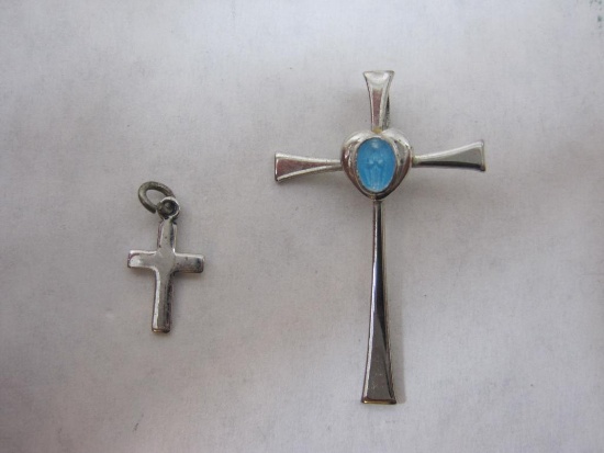 Two Sterling Silver Cross Pendants, .03 ozt total weight