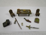Vintage Metal Miniatures Set including table, chairs, treasure chest and more, see pictures