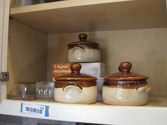 Butter Dishes and Brown Drip Glaze Crocks
