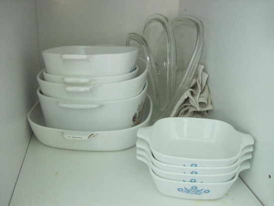 Corningware including Cornflower Blue and Spice of Life Patterns, 9 pieces plus 3 glass lids and