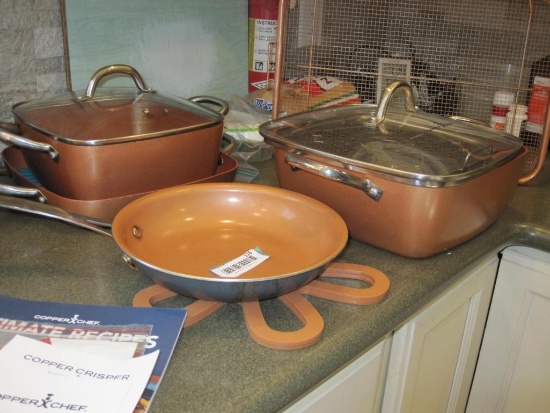 Large Lot of Copper Chef Cooking Items including Baking Pans, Skillets, Crisp Rack and more