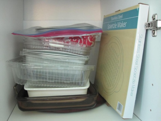 Assorted Kitchen Items including disposable pans, stainless spaetzle maker, Pyrex rectangular dish