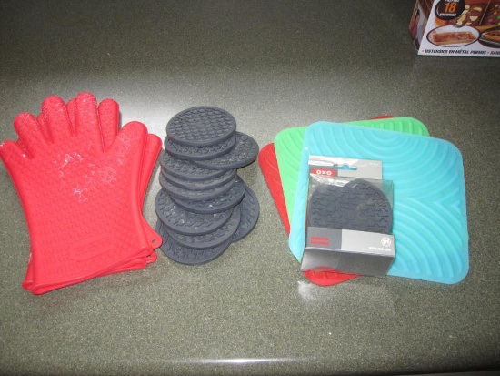 Lot of Silicon Oven Mitts (Hot Hands), Coasters and Trivets