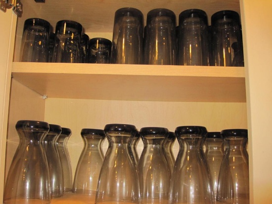 Large Lot of Charcoal Colored Glassware in Assorted Styles, 12 of each style (small juice glasses