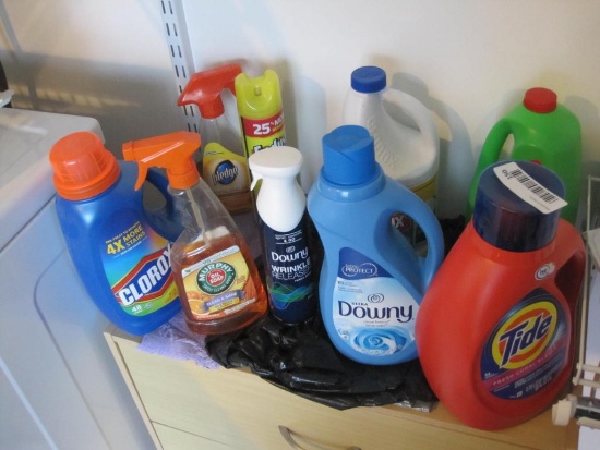 Assorted Laundry Cleaners including Tide and Snuggles softner all half full or more