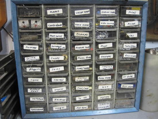 Blue Metal Cabinet of Assorted Parts, Snaps, Shims, Lights, Bearings, Velcro, Switches, Clamps and