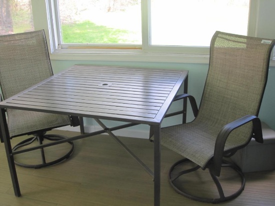 Two Swivel Patio Chairs and 41" Aluminum Table