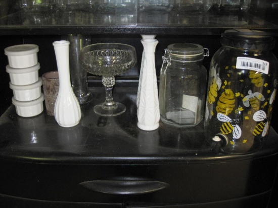 Assortment of Random Glassware including Bee Printed Drink Dispenser