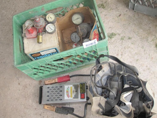 Crate of Regulators and a Sears Craftman Drill, Battery Tester and Welding Shields