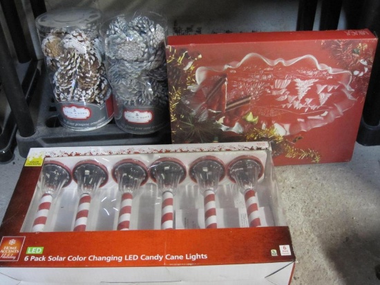 Solar Lighted Changing Colors LED Candy Cane Lights, Mikasa Christmass Platter and PineCones