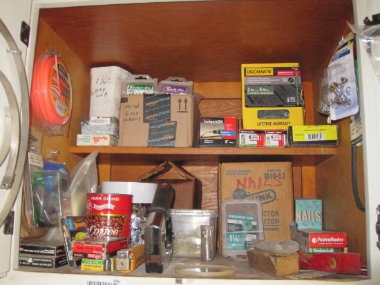 Cabinet Lot of Fasteners, Screws, Bolts, Staples, Trimmer Cord and more