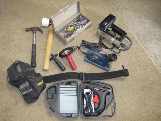 Tool Lot with Tool Belt, Hot Glue Gun, 90 Degree Drill, Electric Stapler, Mallet, Hammer, Box of