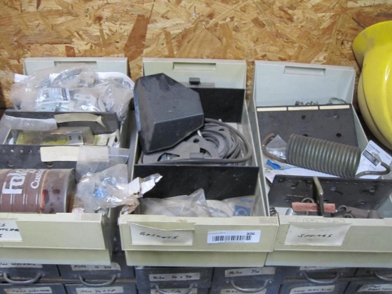 Three Plastic Drawers of Parts, Springs, Gaskets and Cabinet Knobs, Latches and Hinges