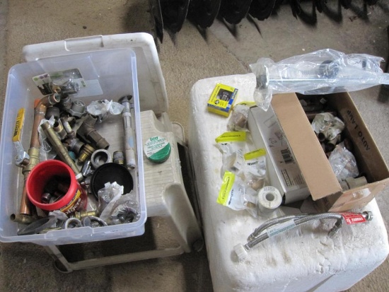 Assorted Plumbing Parts in Plastic Tub with Lid, Sterling Pop-up Drain, and more