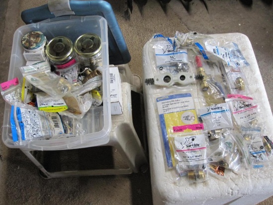 Plumbing Supplies, Shark Bite Connectors, Pressure Test Kit and More in Plastic Tote with Lid
