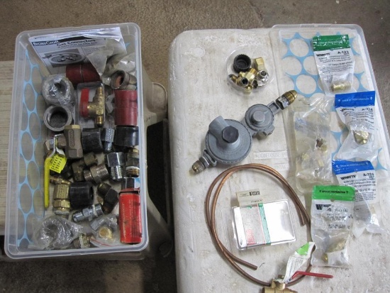 Propane Regulator, Watts Compression Connectors, and More in Plastic Tote with Lid