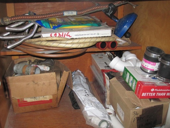 Cabinet Lot of Plumbing Supplies, PVC Elbows and Connectors, Copper Tubing and More, See Pictures