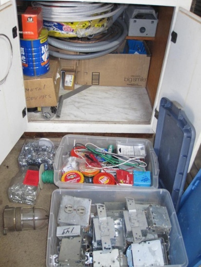 Cabinet Lot of Electrical Supplies, including Roll of Romex Cable, Metal and Plastic Electrical