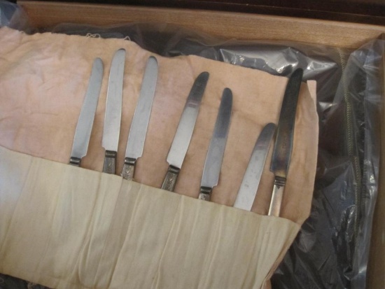 Silver Plate Dinners Knives, Silverware Board, and Cloth Napkins