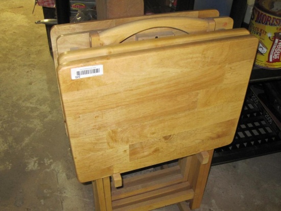 Set of Four Wooden Folding Trays with Holder