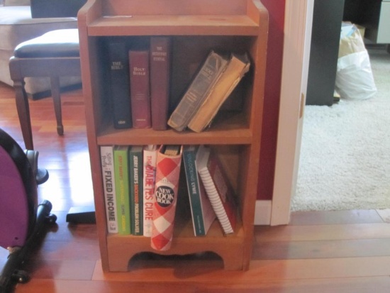 Small Wooden Bookshelf with Bibles and Assorted Books, 15.5" x 8" x 27.5"
