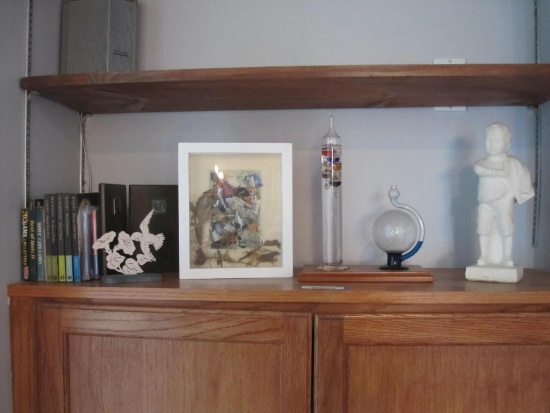 Shelf of Knick-Knacks including Galilean Thermometer, CDs, Sandicast Figure, and more