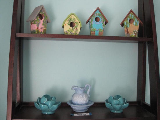 Four birdhouses, 2 Candle holders, and Avon 1978 mini pitcher and bowl set