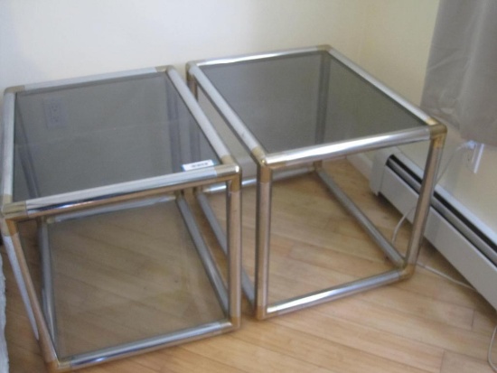 Pair of Chrome and Glass Tables, 21" x 27" x 21.5"