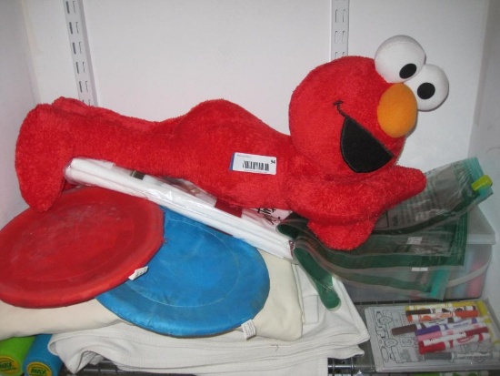 Assorted Children's Items including Elmo plush, sidewalk chalk, and more