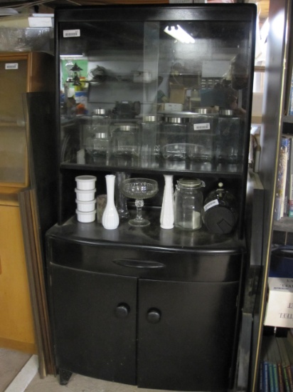 Heywood Wakefield Black Cabinet with glass doors, contents not included