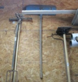 Six Hand Tools, Blue Metal Snow Shovel, Rake, Broom, Pitchfork, etc