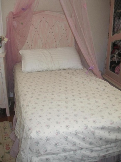 Single Twin Bed, bedding and Pink Curtain included, Brushed Pink Head Board and frame with risers