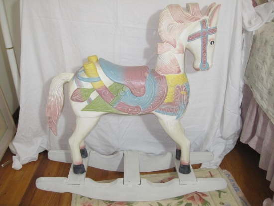 Painted Wooden Carnival Style Rocking Horse, 24" at Saddle, approx 36 inches tall and 36 inches wide