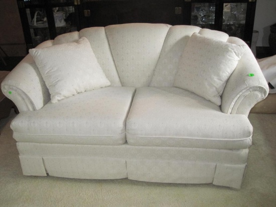 Two Seat Sofa Love Seat, approx 65 inches wide and 38 inches deep, with two matching throw pillows