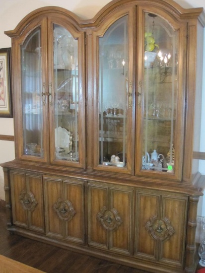 Two Piece Wood Stanley Dining Room Display Cabinet (top and bottom are separate), contents not