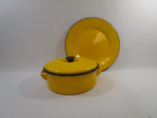 Yellow Enamelware Pot with Lid and Tray, AS IS, Has Wear