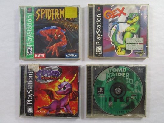 Four PlayStation Games: Spider-Man, GEX, Spyro and Tomb Raider III