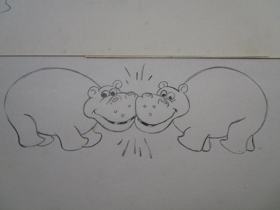 Four Hippo Original Animation Artwork Drawings