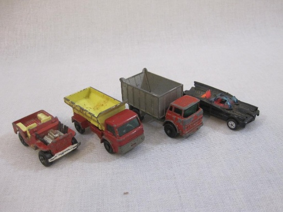 Four Miniature Diecast Cars including Corgi Batmobile, Matchbox Jeep Hot Rod, Lesney GMC Tipper