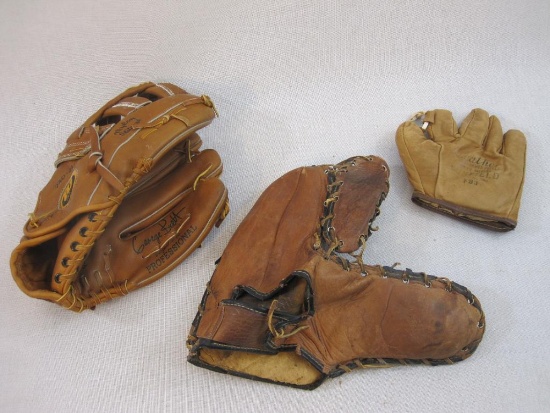 Three Vintage Baseball Gloves, 2 lbs 4 oz