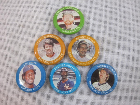 6 Vintage Fun Foods Baseball Picture Buttons including Robin Yount, Carney Lansford, Scott McGregor,