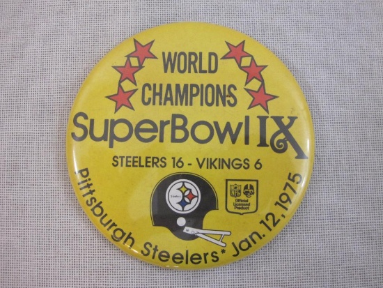 World Champions Super Bowl IX Pittsburgh Steelers Pinback Button, Jan 12 1975, 2 oz