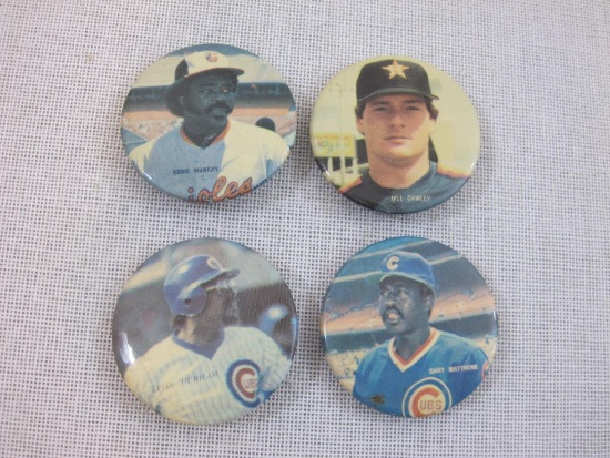 Four Vintage Baseball Picture Buttons: Gary Matthews, Leon Durham, Eddie Murray, and Bill Dawley, 1